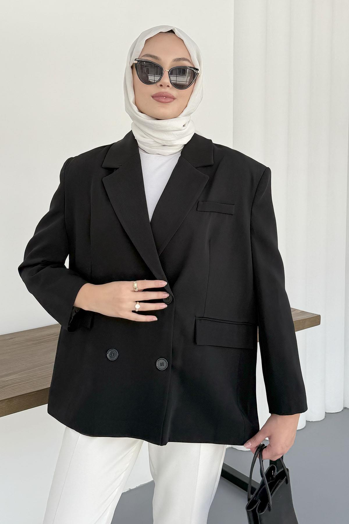 Kruvaze Yaka Düğmeli Blazer Ceket-SİYAH