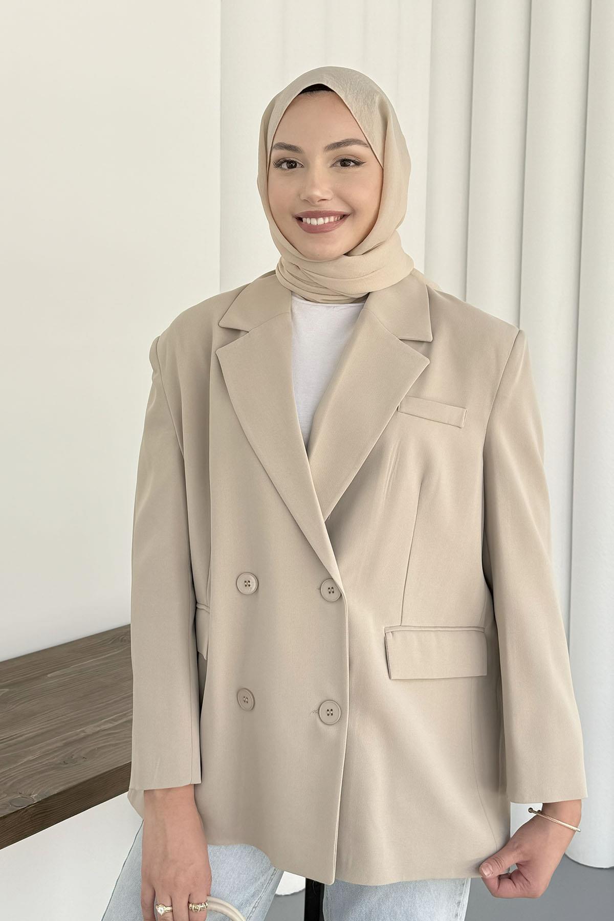 Kruvaze Yaka Düğmeli Blazer Ceket-TAŞ