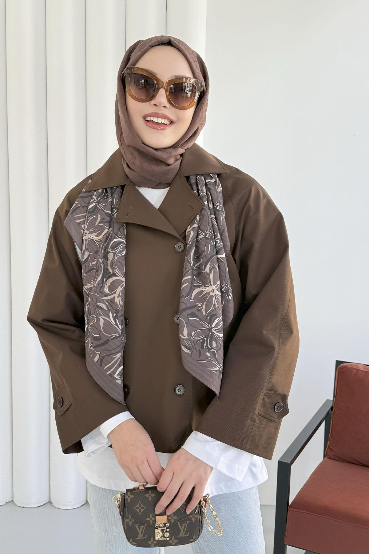 Kruvaze Yaka Kısa Trençkot-KAHVERENGİ