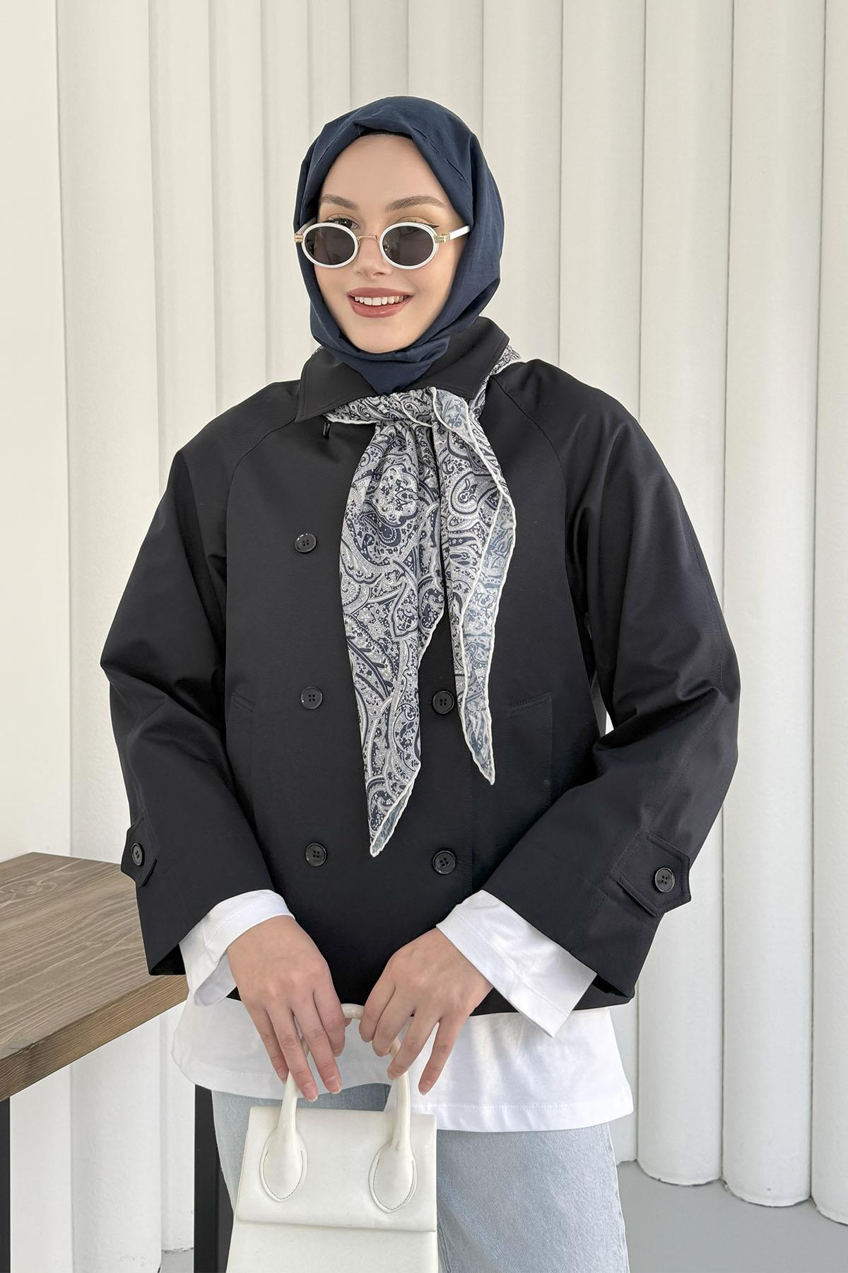 Kruvaze Yaka Kısa Trençkot-LACİVERT