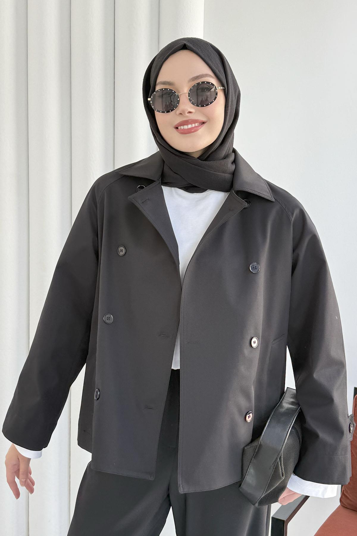 Kruvaze Yaka Kısa Trençkot-SİYAH