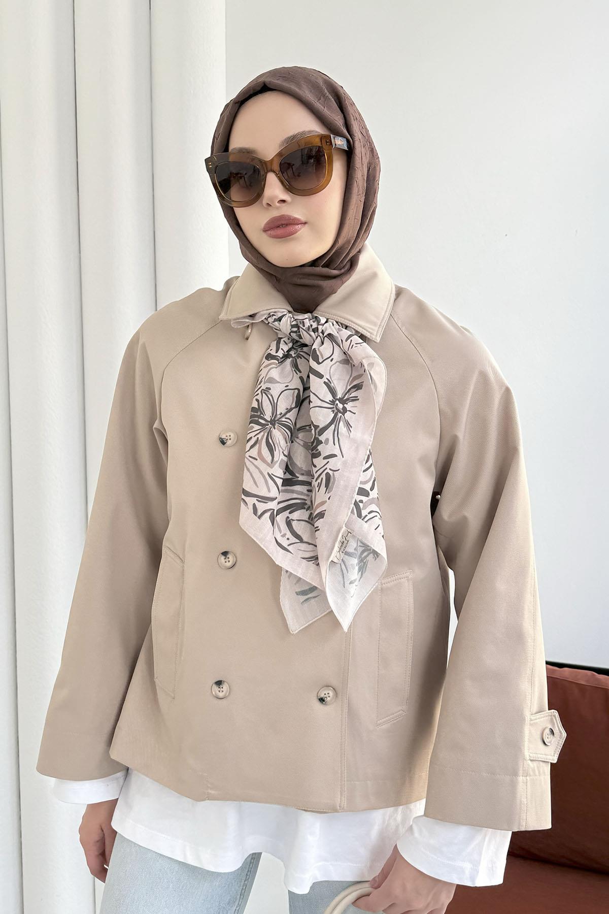 Kruvaze Yaka Kısa Trençkot-TAŞ