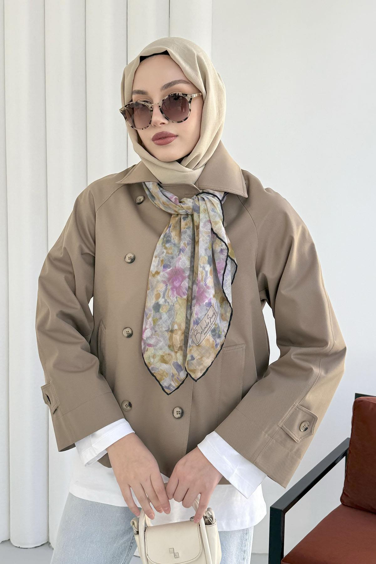 Kruvaze Yaka Kısa Trençkot-YEŞİL