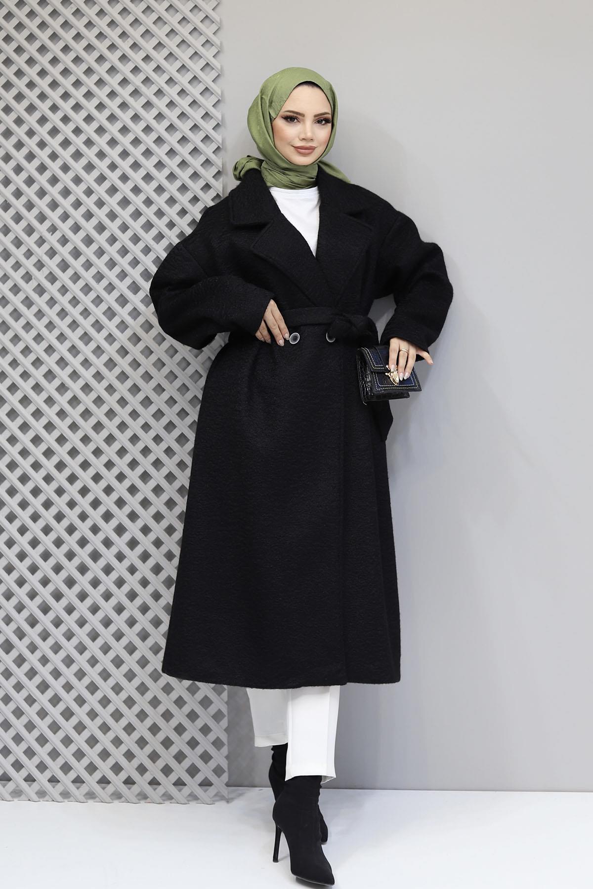 Kruvaze Yaka Seyyar Kuşaklı Oversize Kaban-SİYAH
