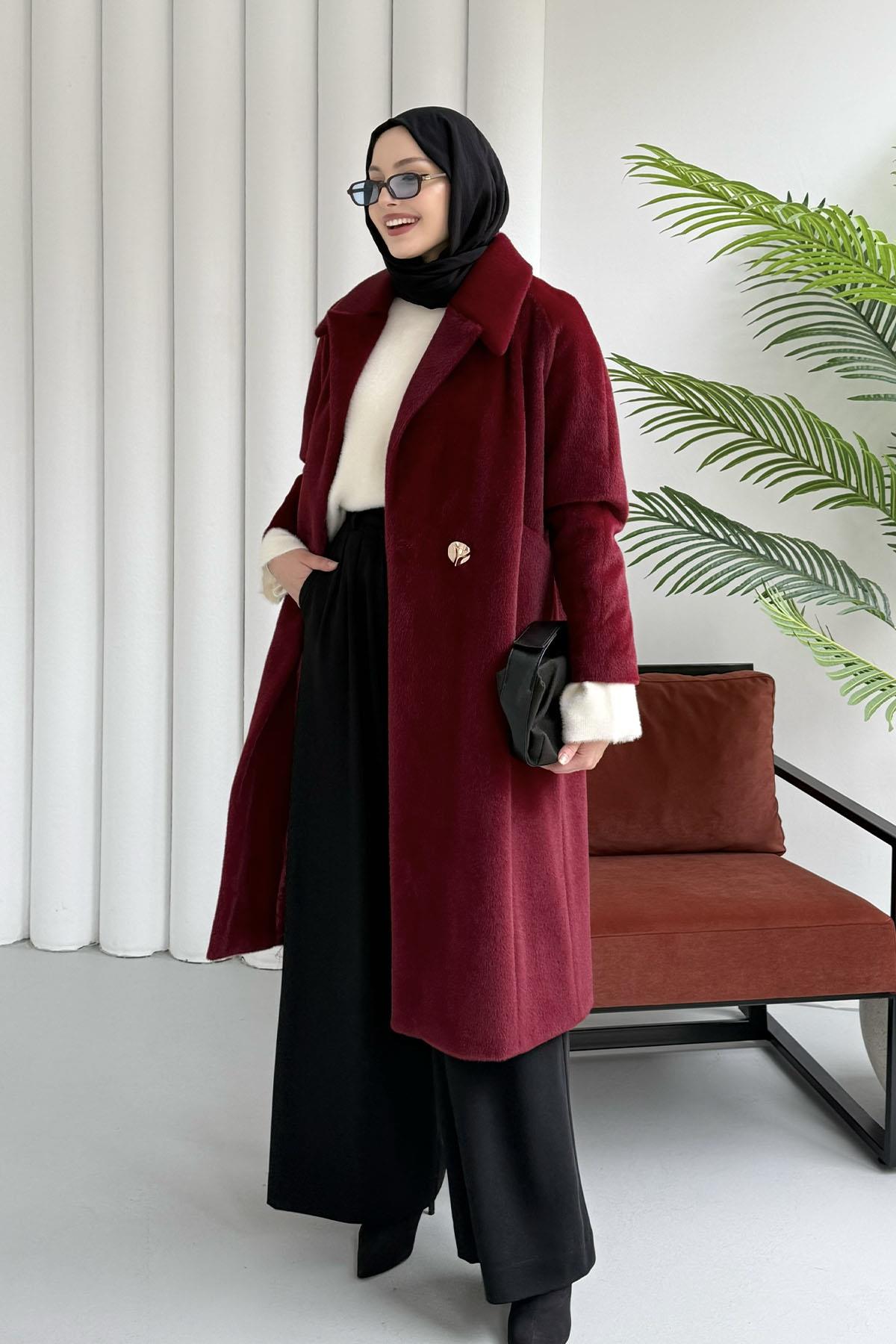 Kruvaze Yaka Tek Düğme Tay Tüylü Kaban-BORDO