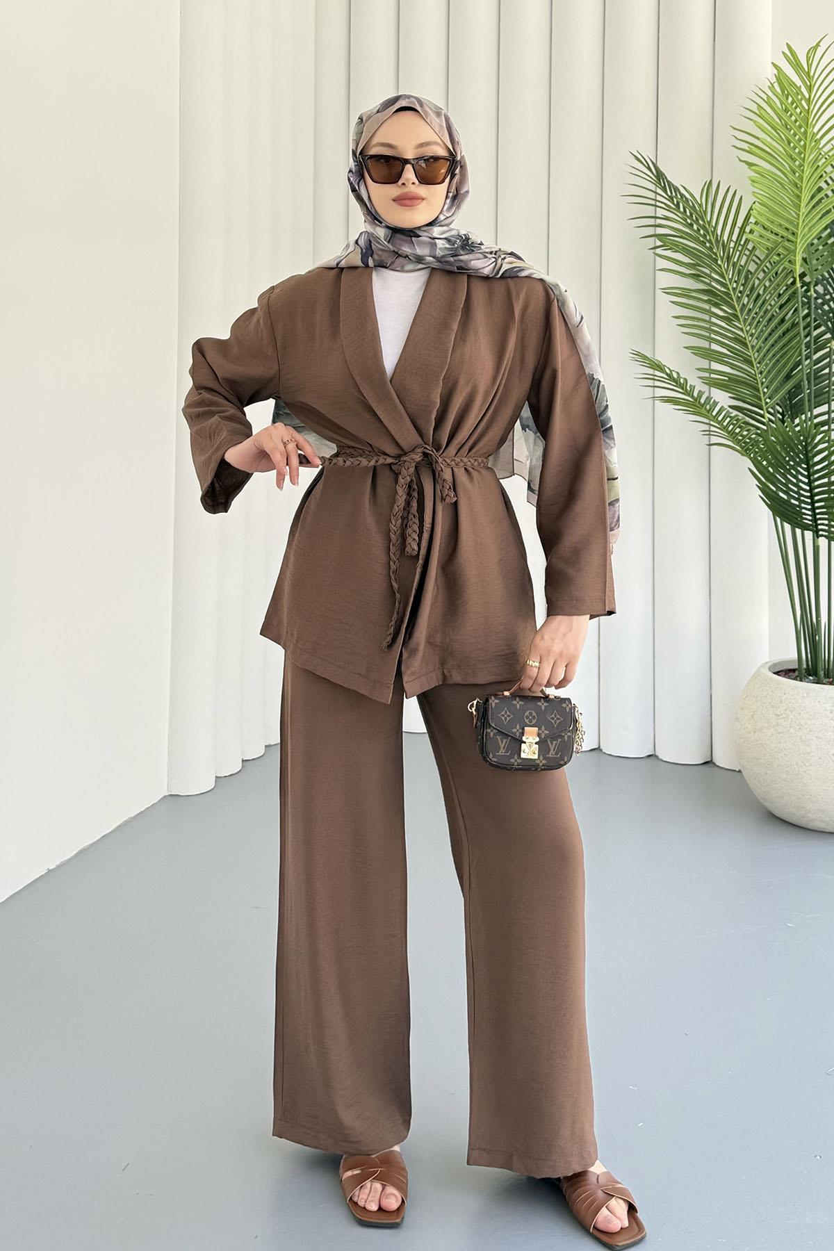 Kuşağı Örgü Detaylı Pantolonlu Kimono Tesettür Takım-KAHVERENGİ