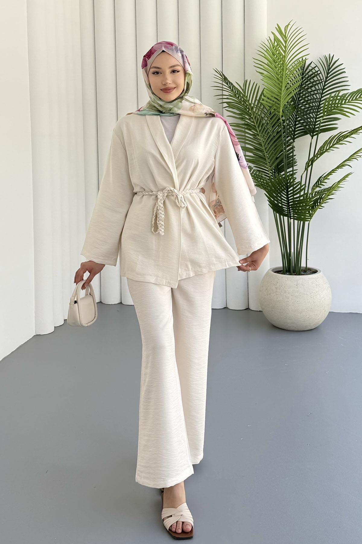 Kuşağı Örgü Detaylı Pantolonlu Kimono Tesettür Takım-TAŞ
