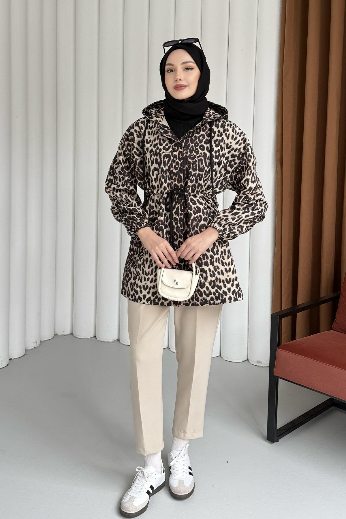 Leopar Desenli Cepli Bel Büzgülü Kapişonlu Trençkot-LEOPAR