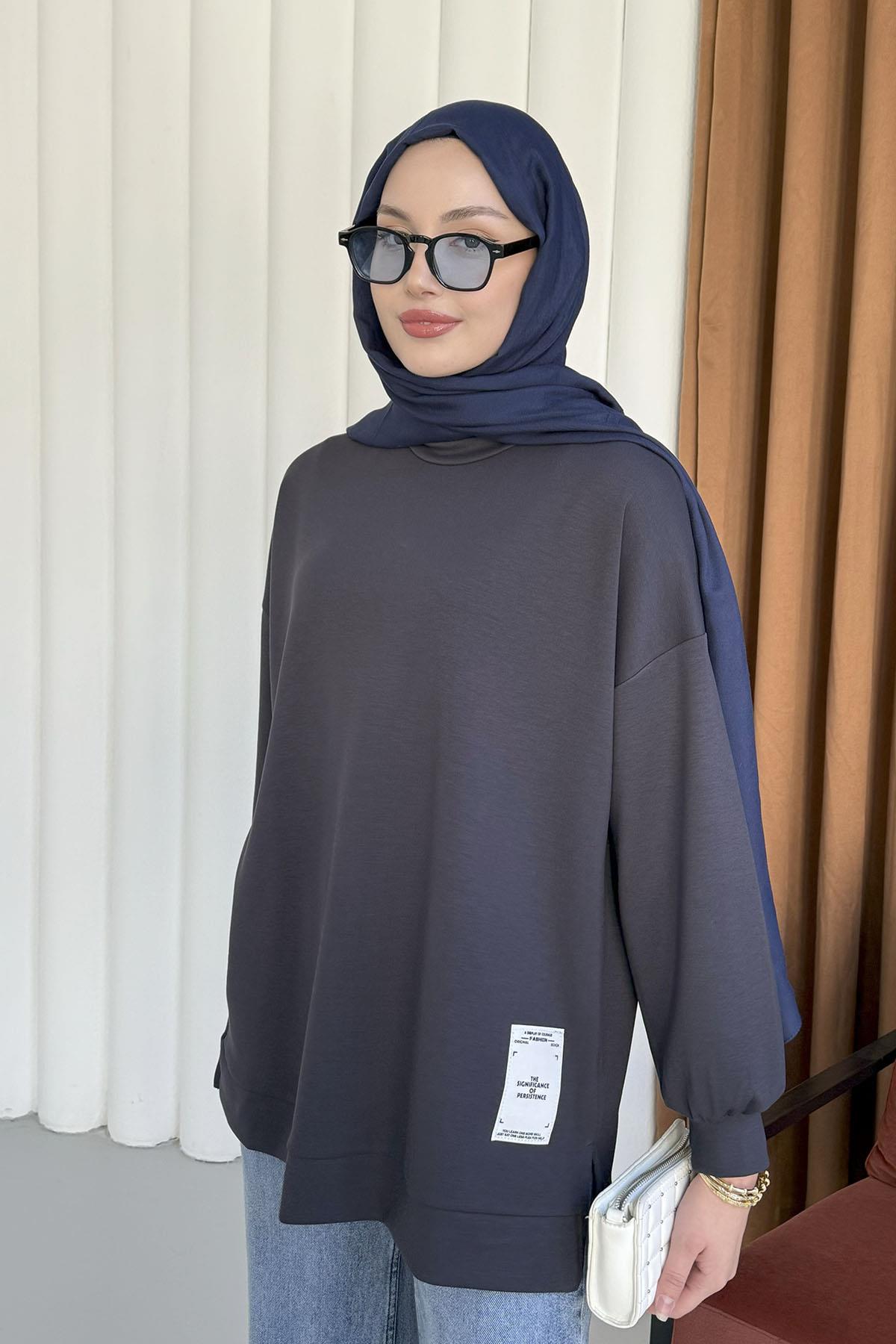 Modal Kumaş Bisiklet Yaka Sweatshirt-FÜME