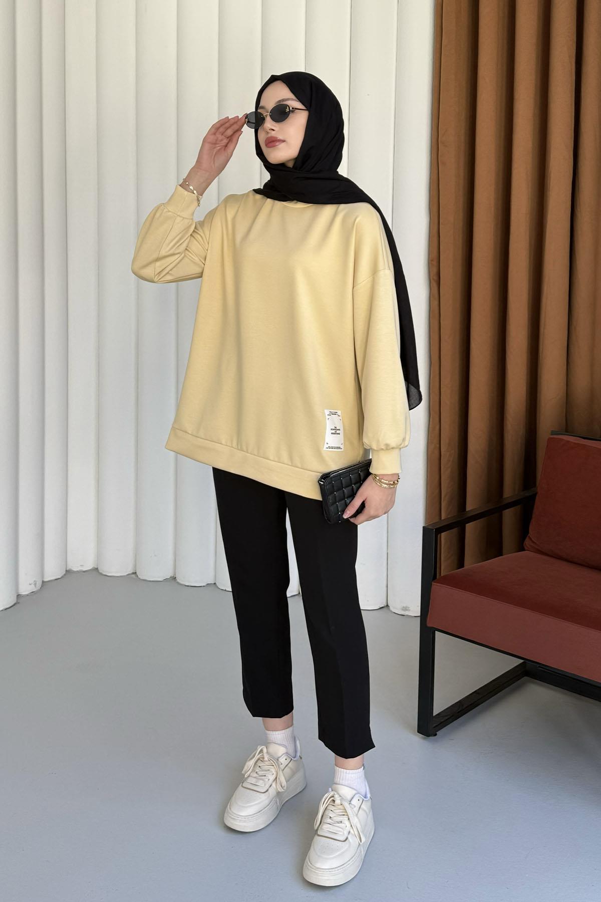 Modal Kumaş Bisiklet Yaka Sweatshirt-SARI