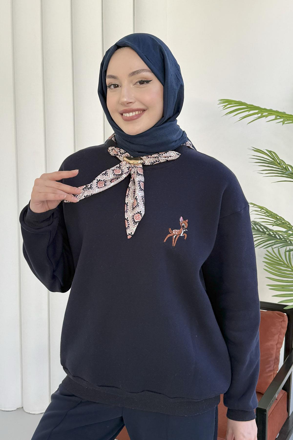 Nakışlı Fularlı Oversize Sweatshirt-LACİVERT