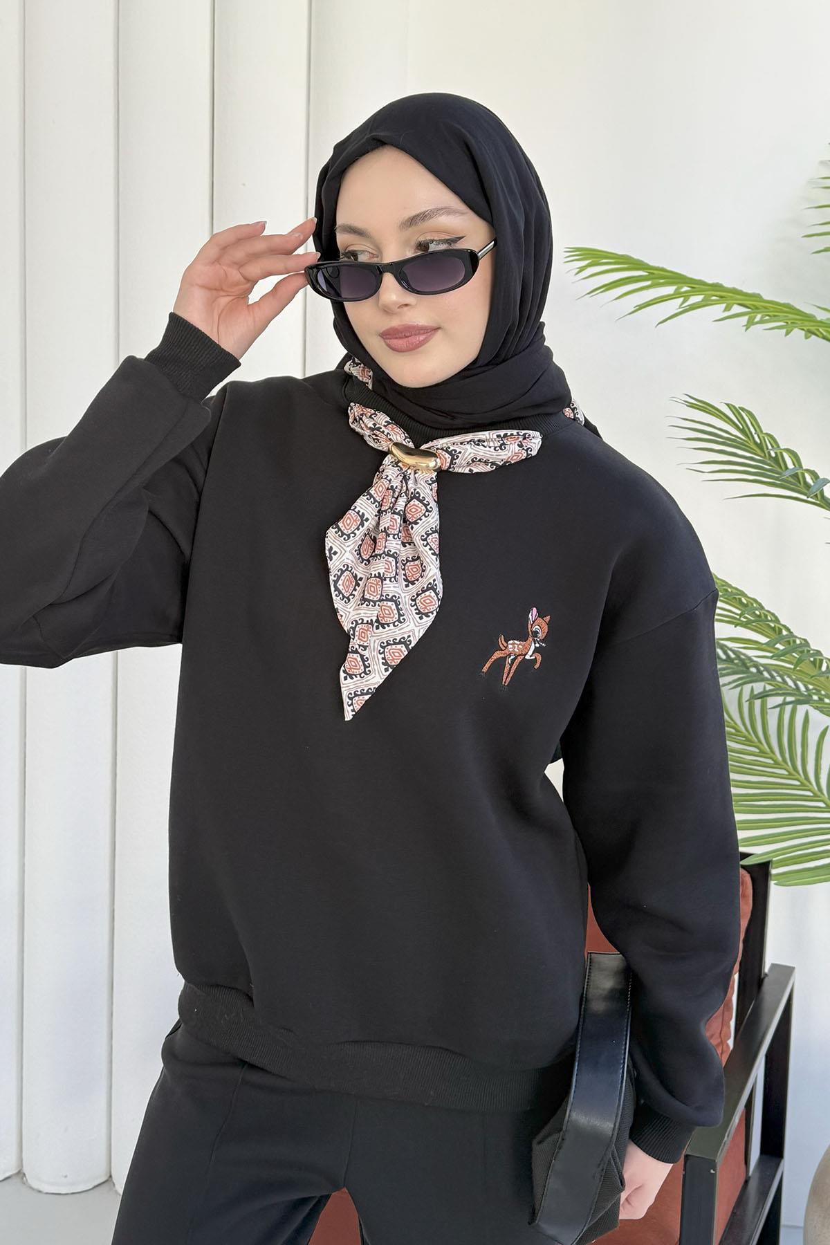 Nakışlı Fularlı Oversize Sweatshirt-SİYAH