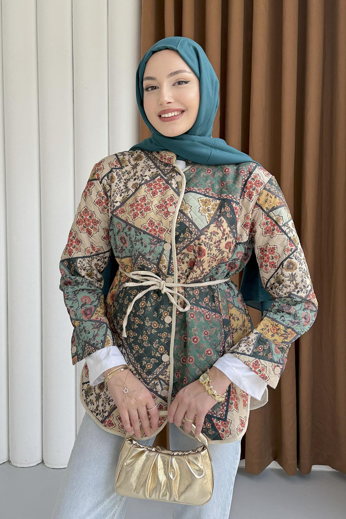 Önü Düğmeli Etnik Desenli Ceket-YEŞİL