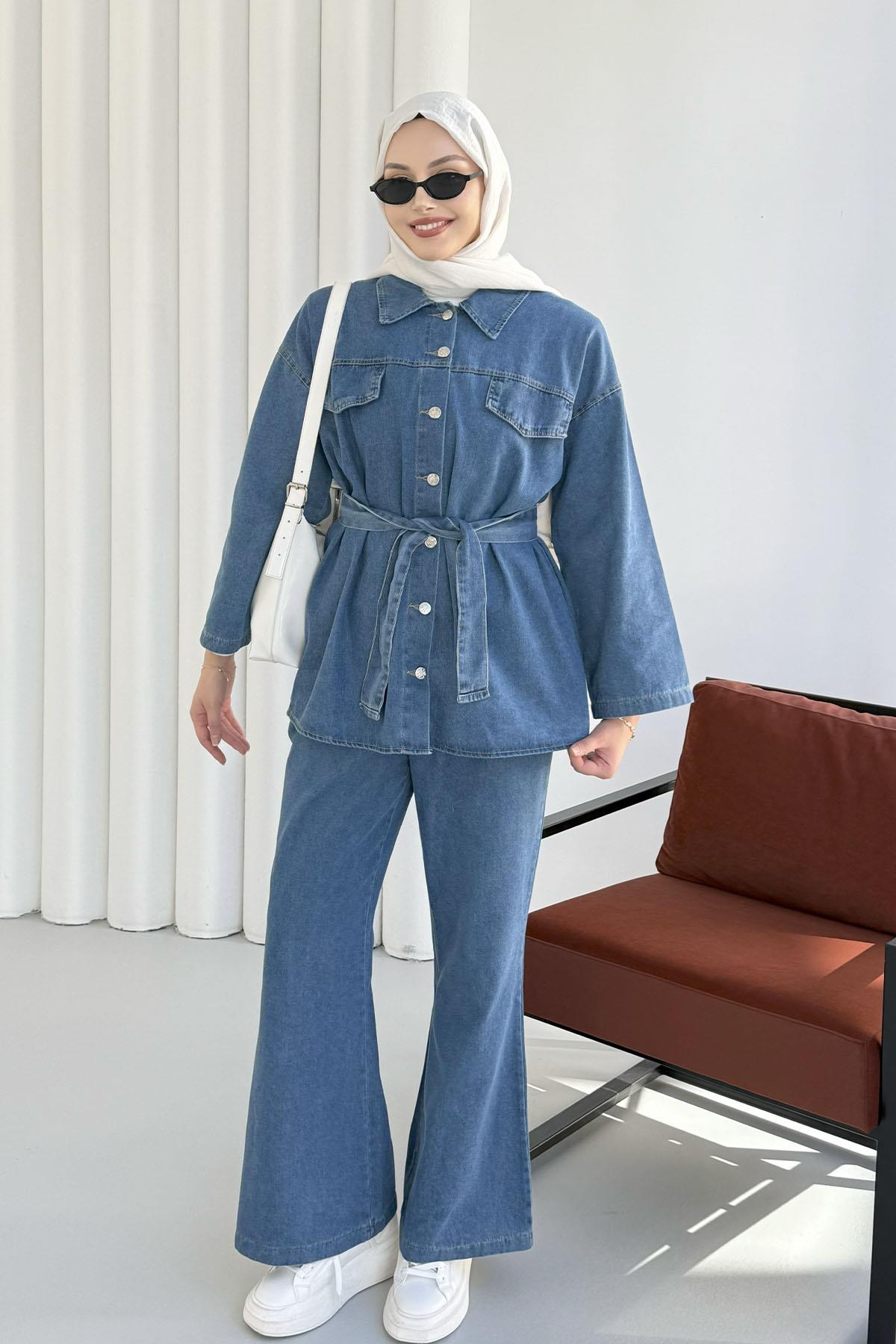 Önü Düğmeli Kuşaklı Denim Tesettür Takım-AÇIK MAVİ