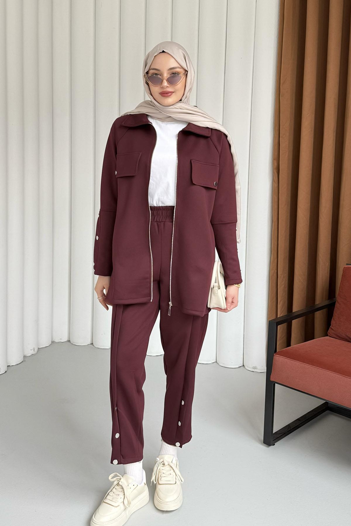 Önü Fermuarlı Çıt Çıt Detaylı Tesettür Takım-BORDO