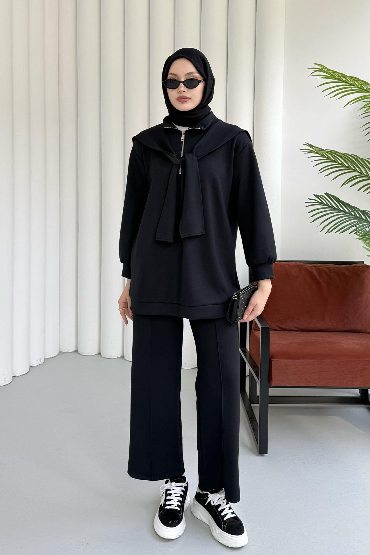 Önü Yarım Fermuarlı Fularlı Pantolonlu Tesettür Takım-KOYU LACİVERT