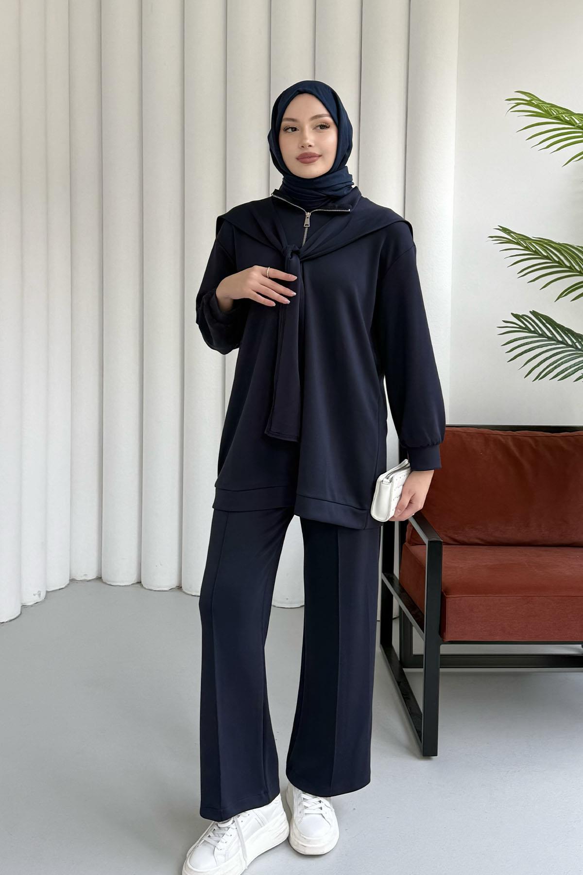Önü Yarım Fermuarlı Fularlı Pantolonlu Tesettür Takım-LACİVERT