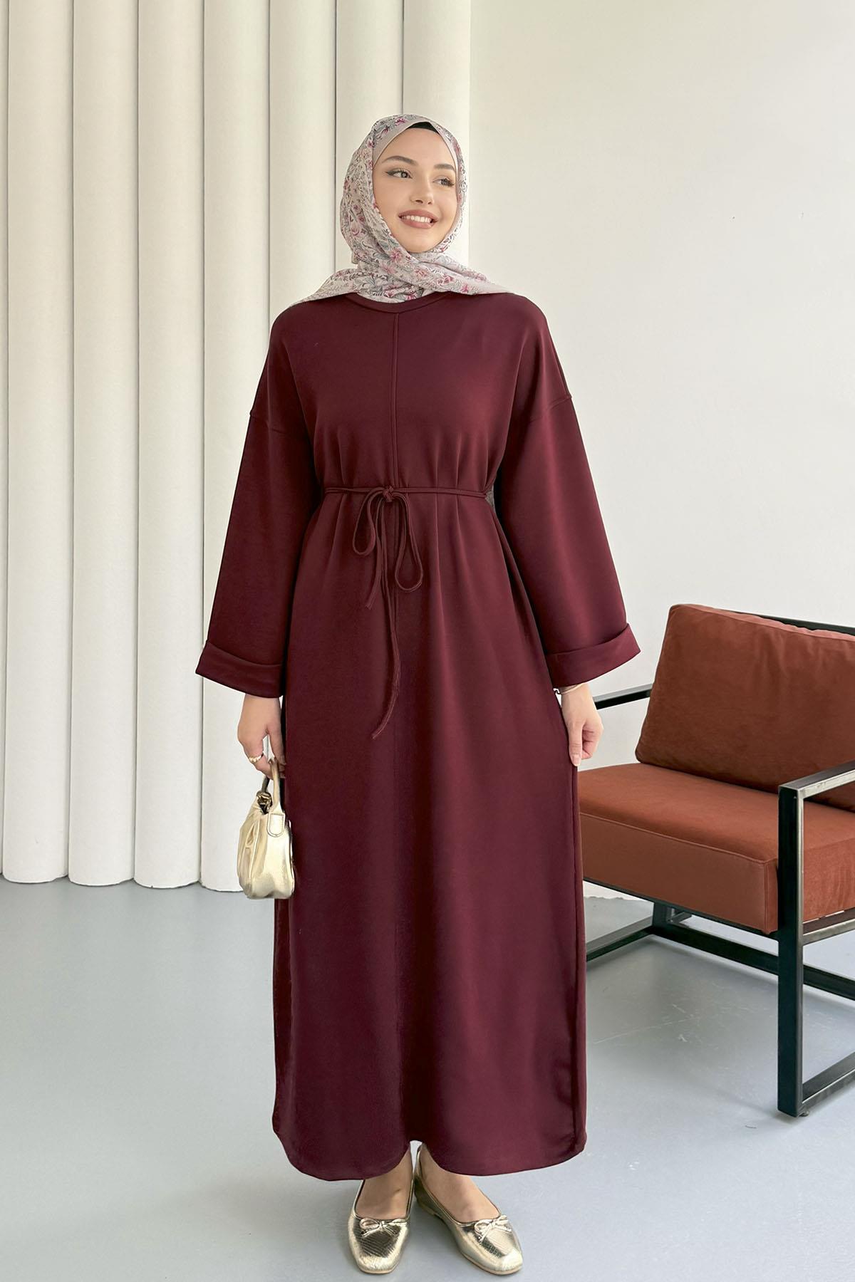 Oysho Kumaş Biye Kemerli Tesettür Elbise-BORDO