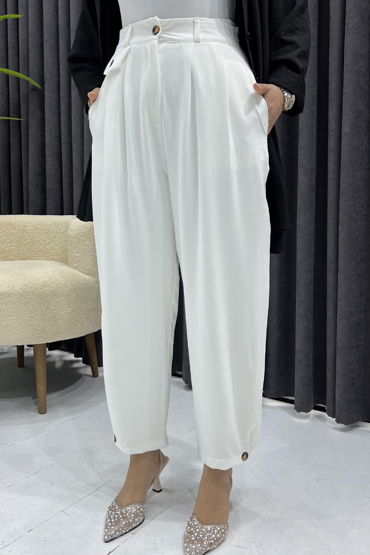 Paça Düğmeli Slouchy Pantolon-BEYAZ