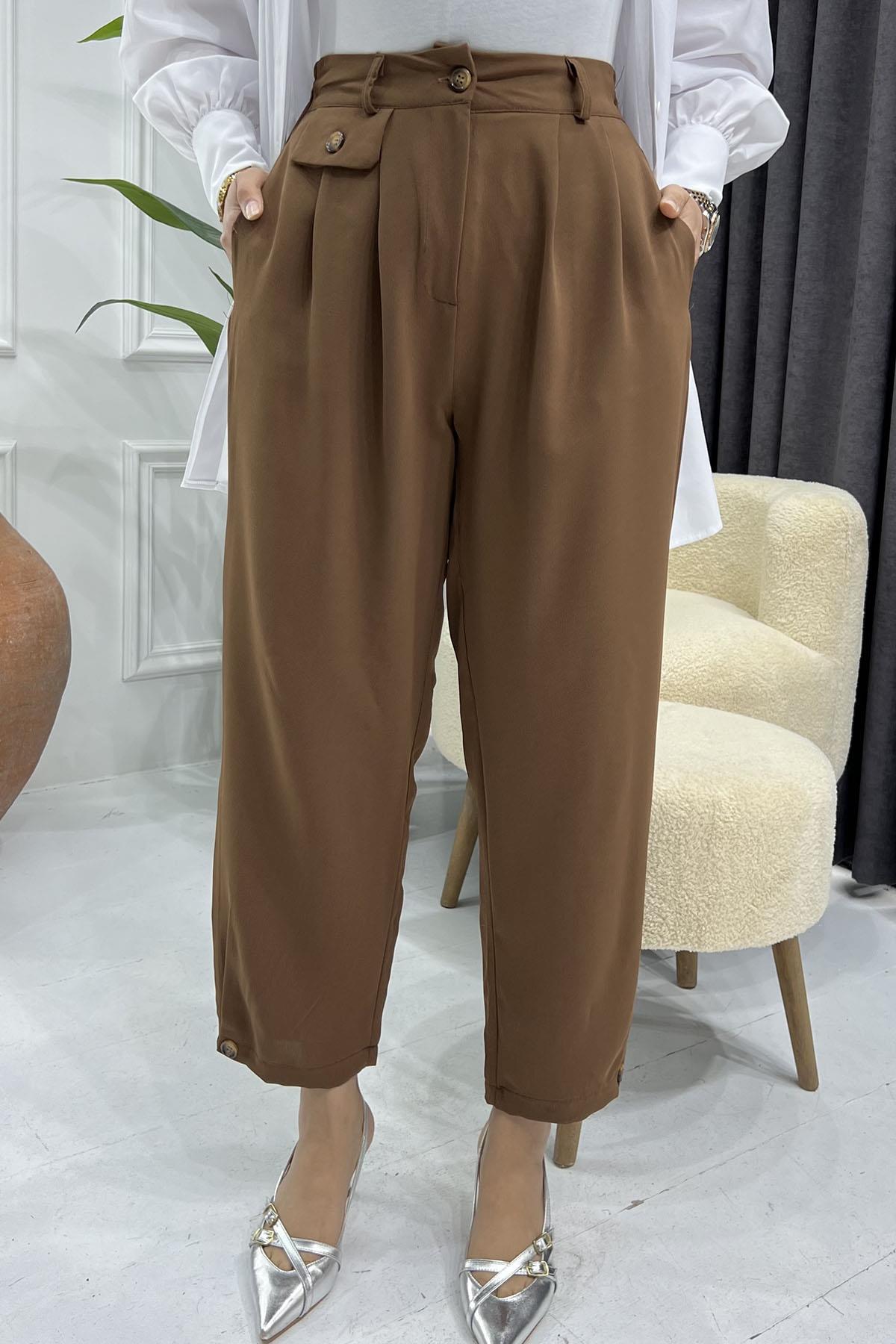 Paça Düğmeli Slouchy Pantolon-KAHVERENGİ