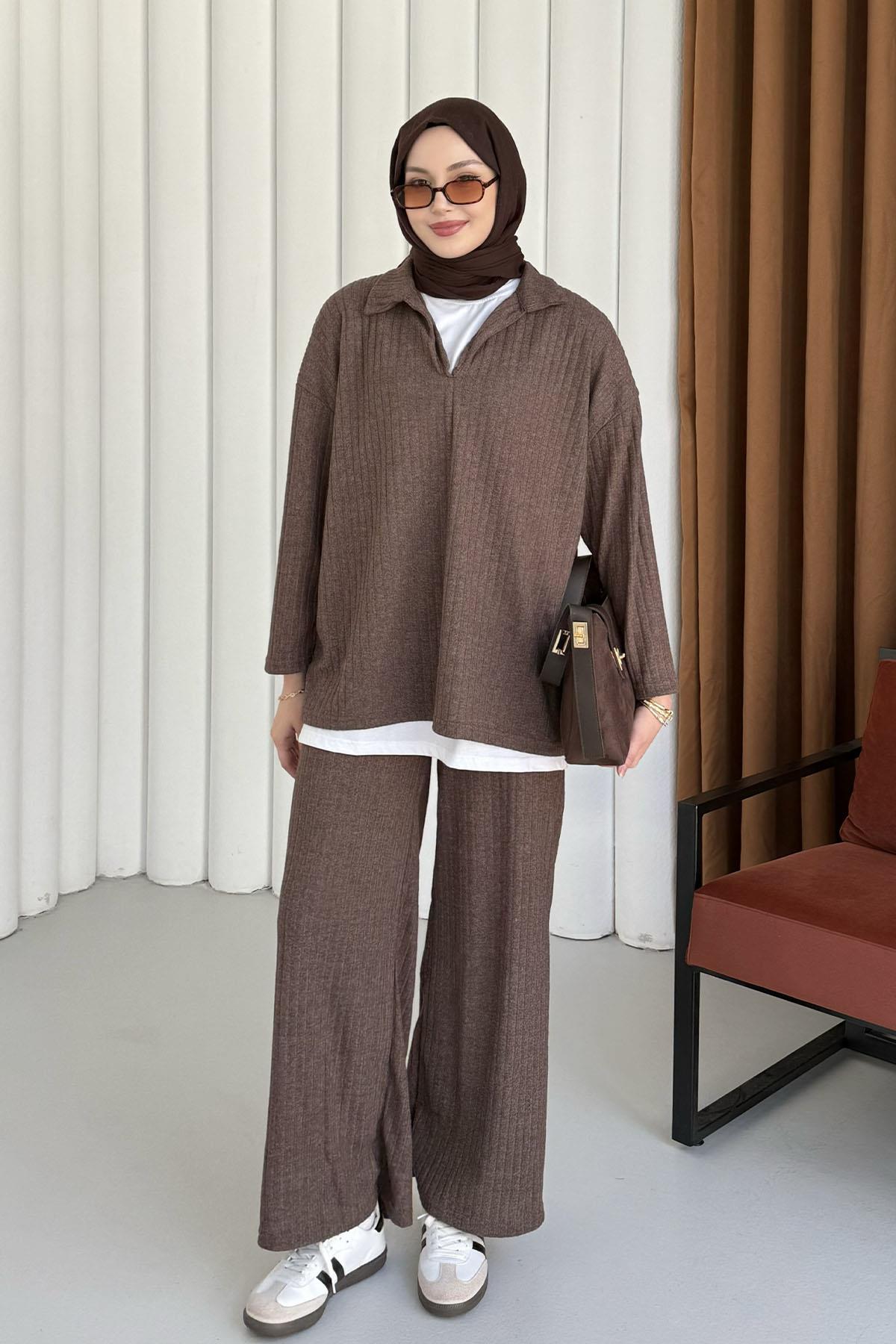 Polo Yaka Kumaş Fitilli Pantolonlu Tesettür  Takım-KAHVERENGİ