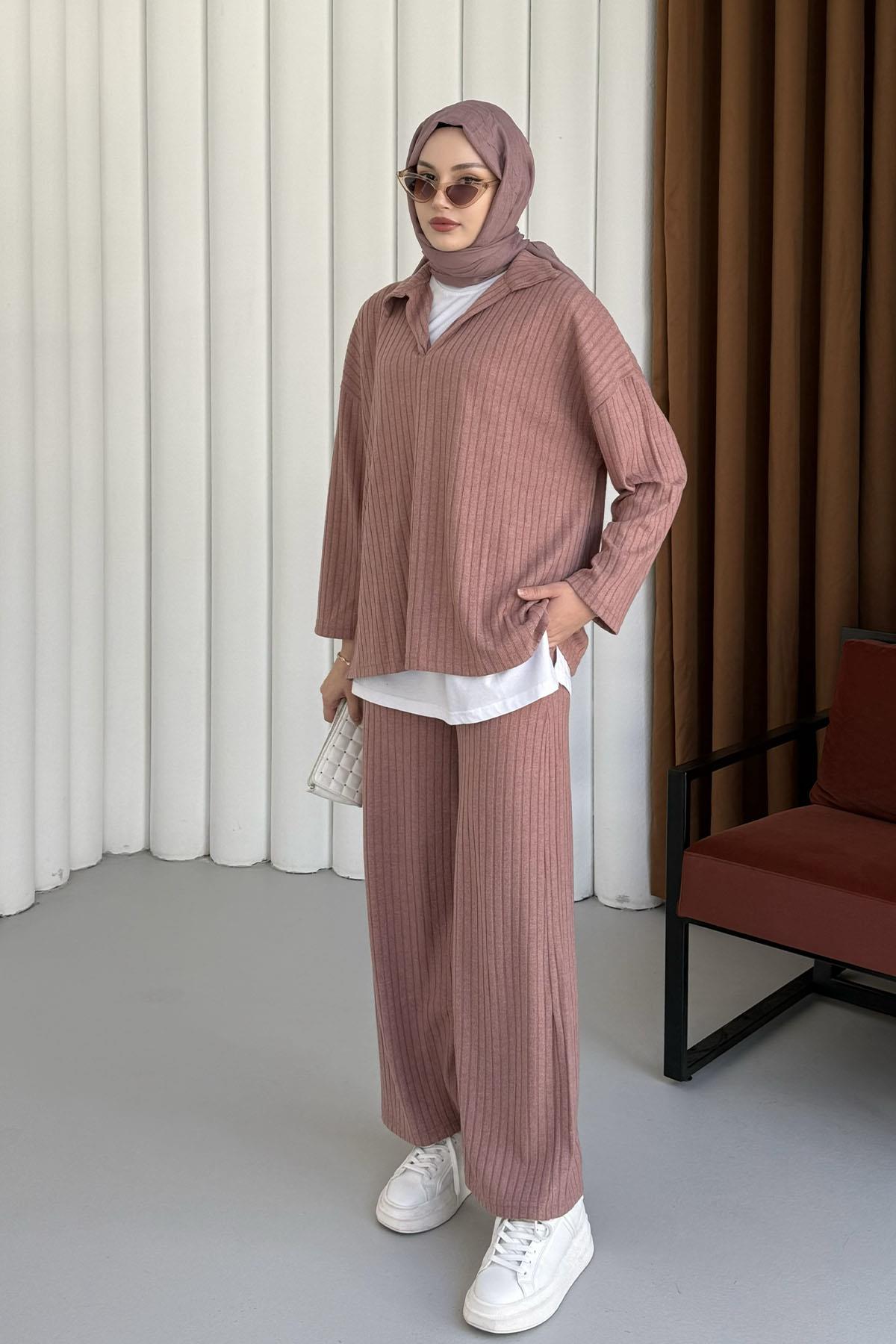 Polo Yaka Kumaş Fitilli Pantolonlu Tesettür  Takım-PEMBE