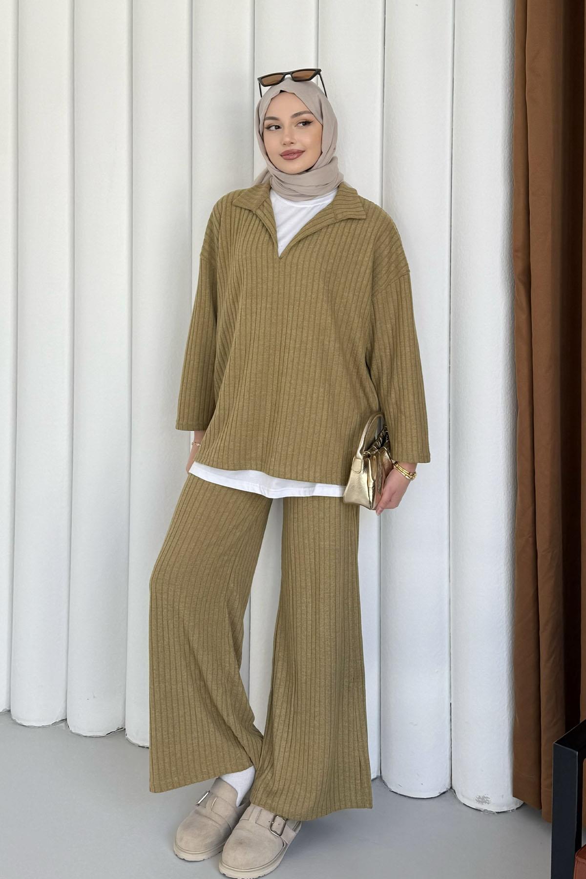 Polo Yaka Kumaş Fitilli Pantolonlu Tesettür  Takım-YAĞ YEŞİLİ