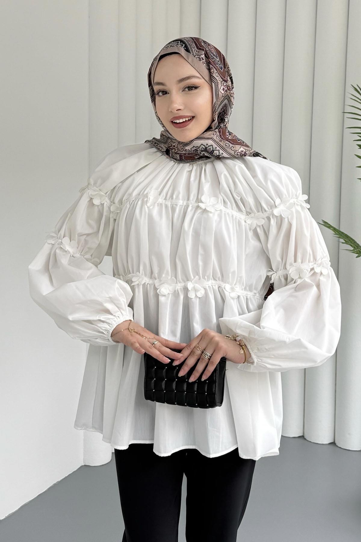 Reglan Minik Çiçek Detaylı Poplin Gömlek-EKRU