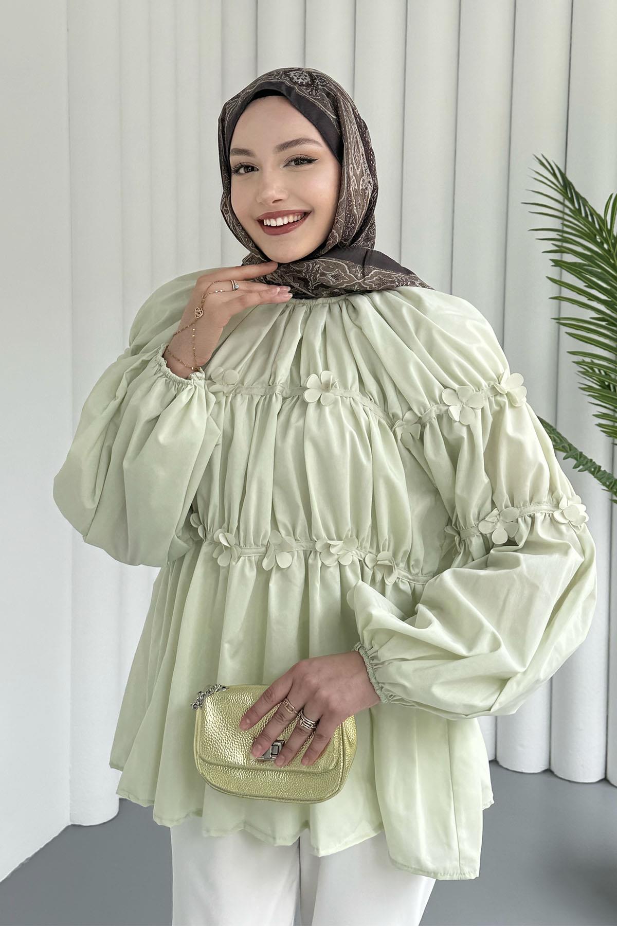 Reglan Minik Çiçek Detaylı Poplin Gömlek-YEŞİL