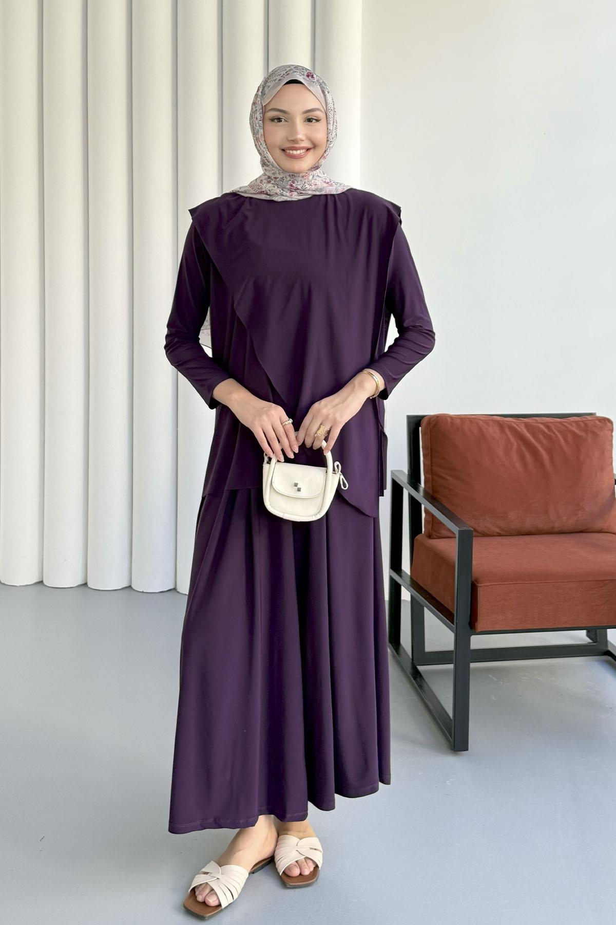 Sandy Kumaş Asimetrik Pantolonlu Tesettür Takım-MOR