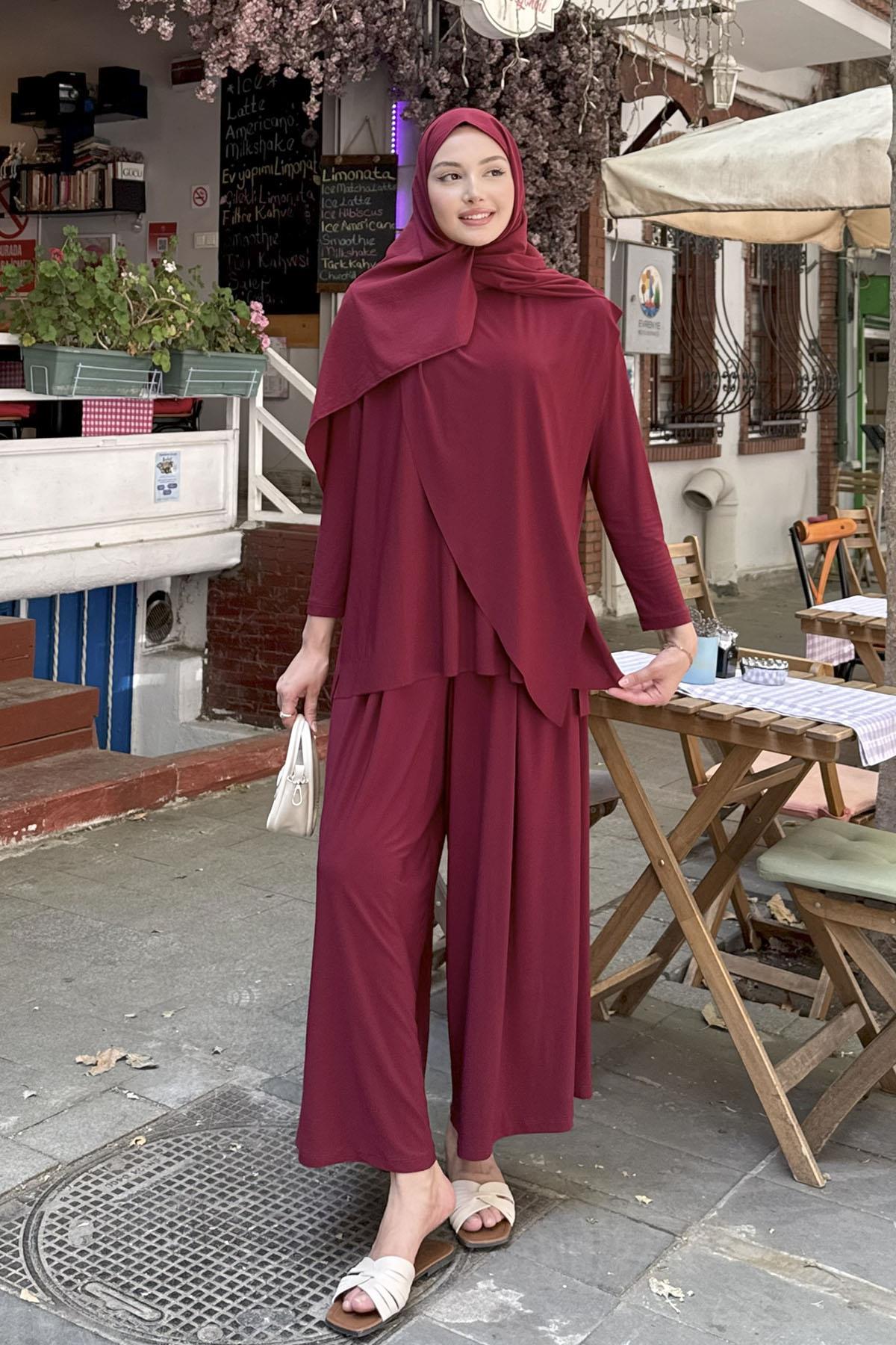 Sandy Kumaş Asimetrik Pantolonlu Tesettür Takım-BORDO