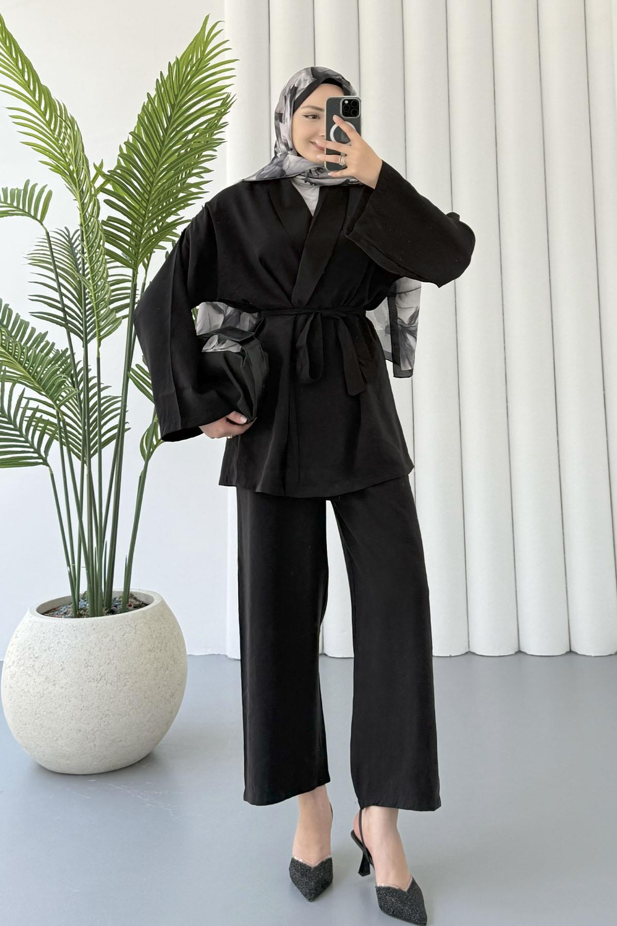 Seyyar Kuşaklı Kimono Pantolonlu Tesettür Takım-SİYAH