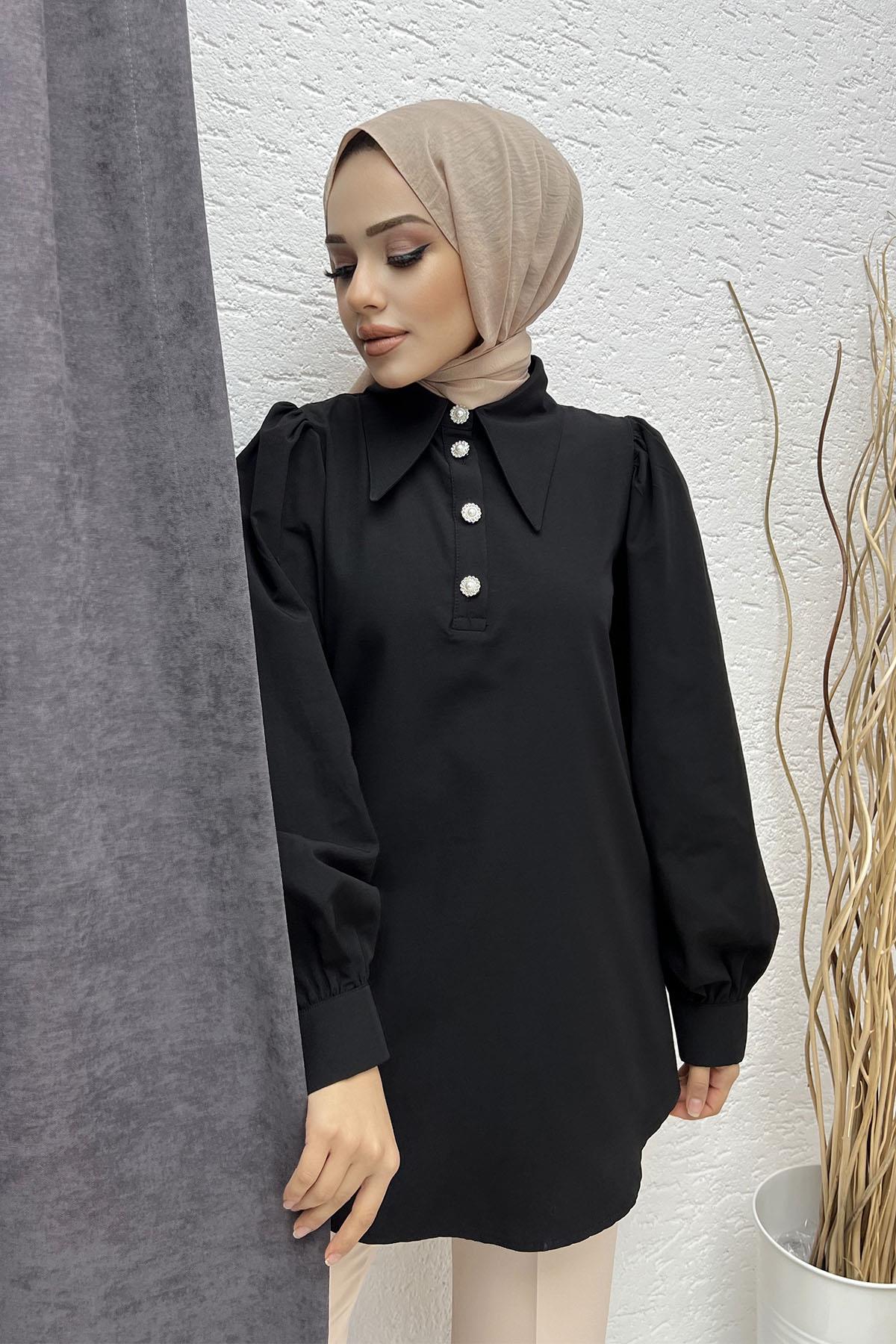 Taş Düğmeli Poplin Gömlek-SİYAH