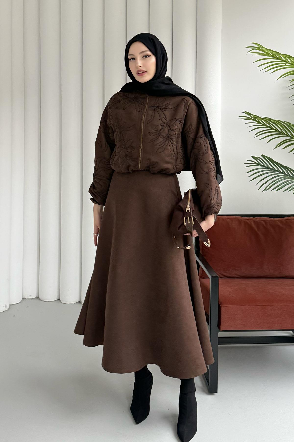 Tasarım Dantel Detaylı Fermuarlı Ceketli Tesettür Takım-ACI KAHVE