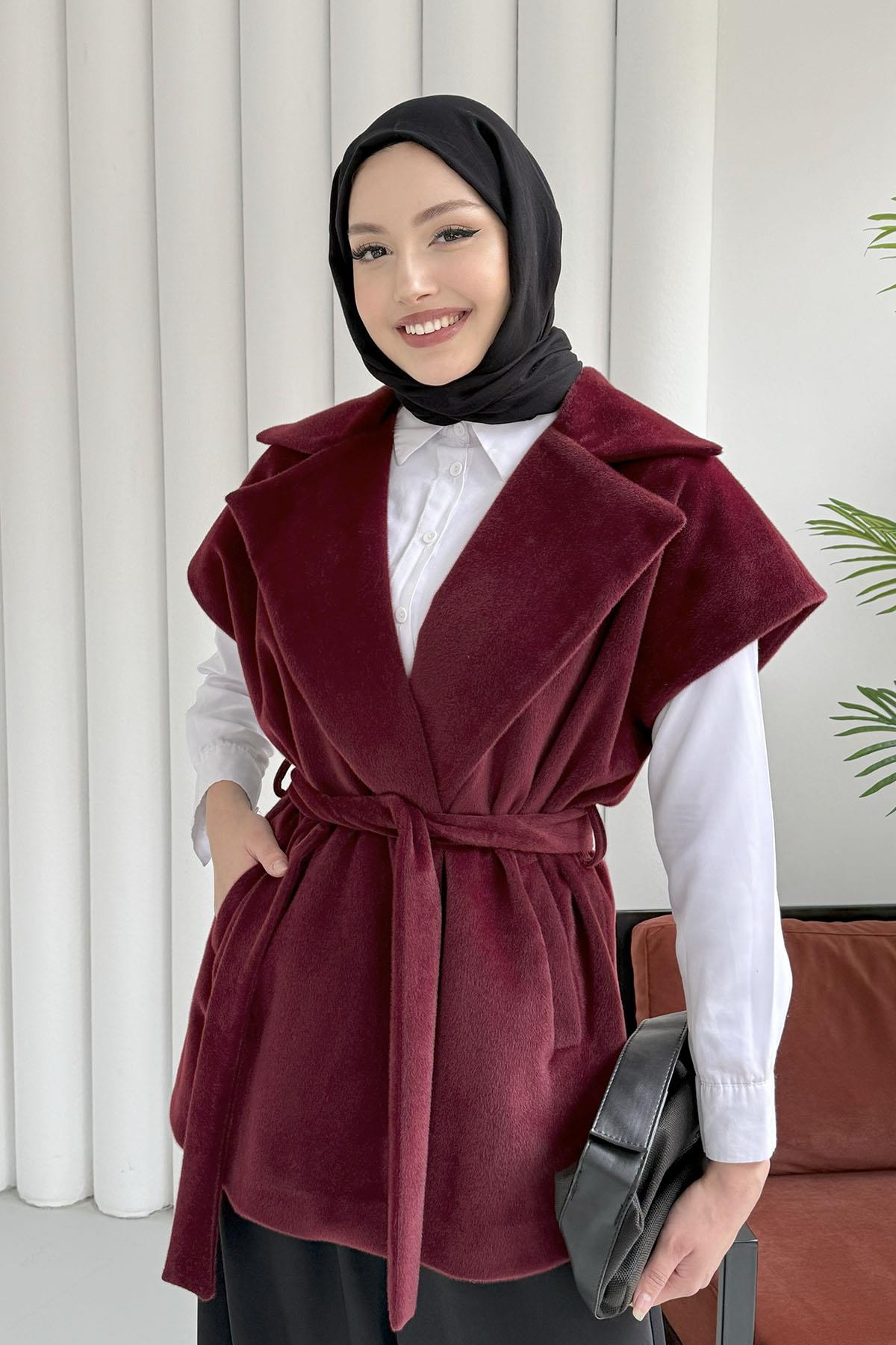 Tay Tüylü Seyyar Kuşaklı Astarlı Yelek-BORDO