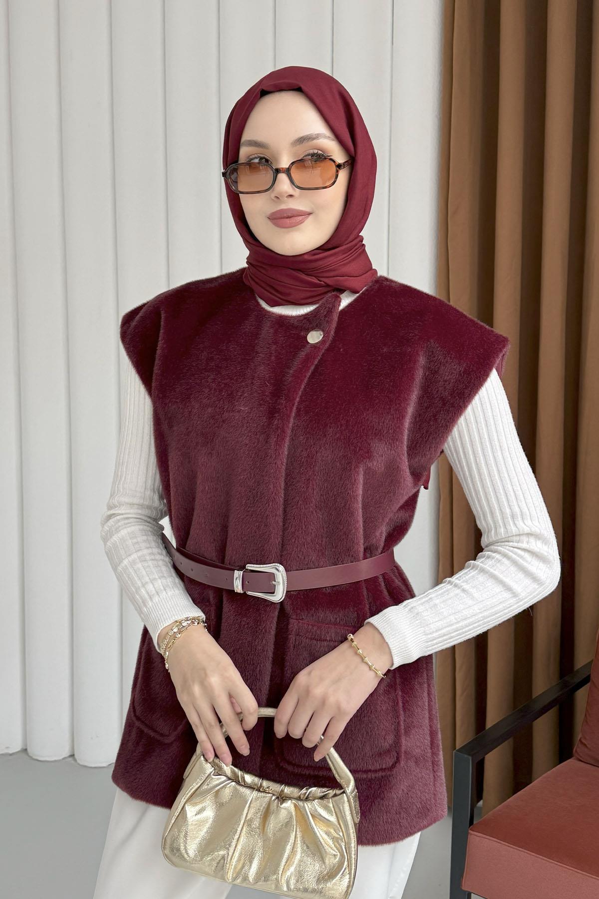 Tek Düğme Detaylı Polarlı Yelek-BORDO