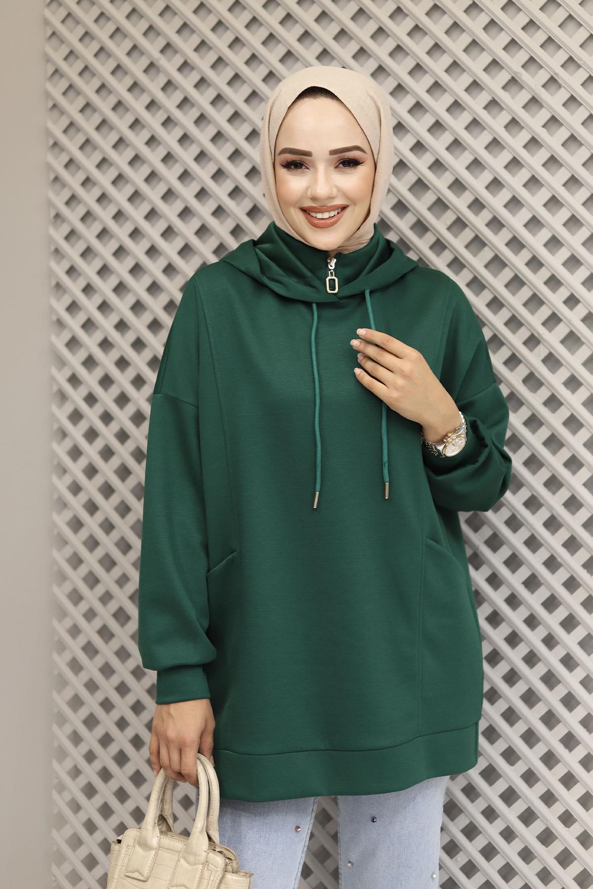 Torba Cep Detaylı Kapüşonlu Sweatshirt-ZÜMRÜT YEŞİL
