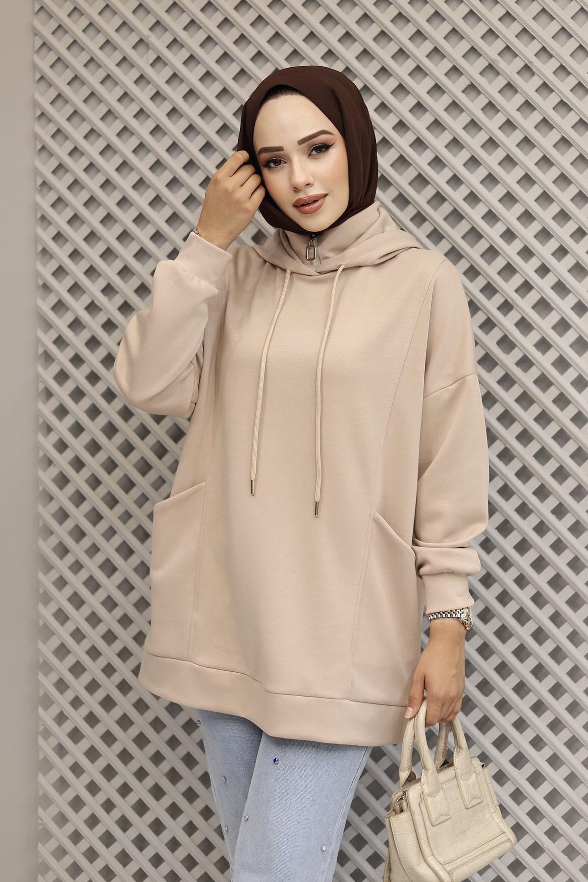 Torba Cep Detaylı Kapüşonlu Sweatshirt-TAŞ