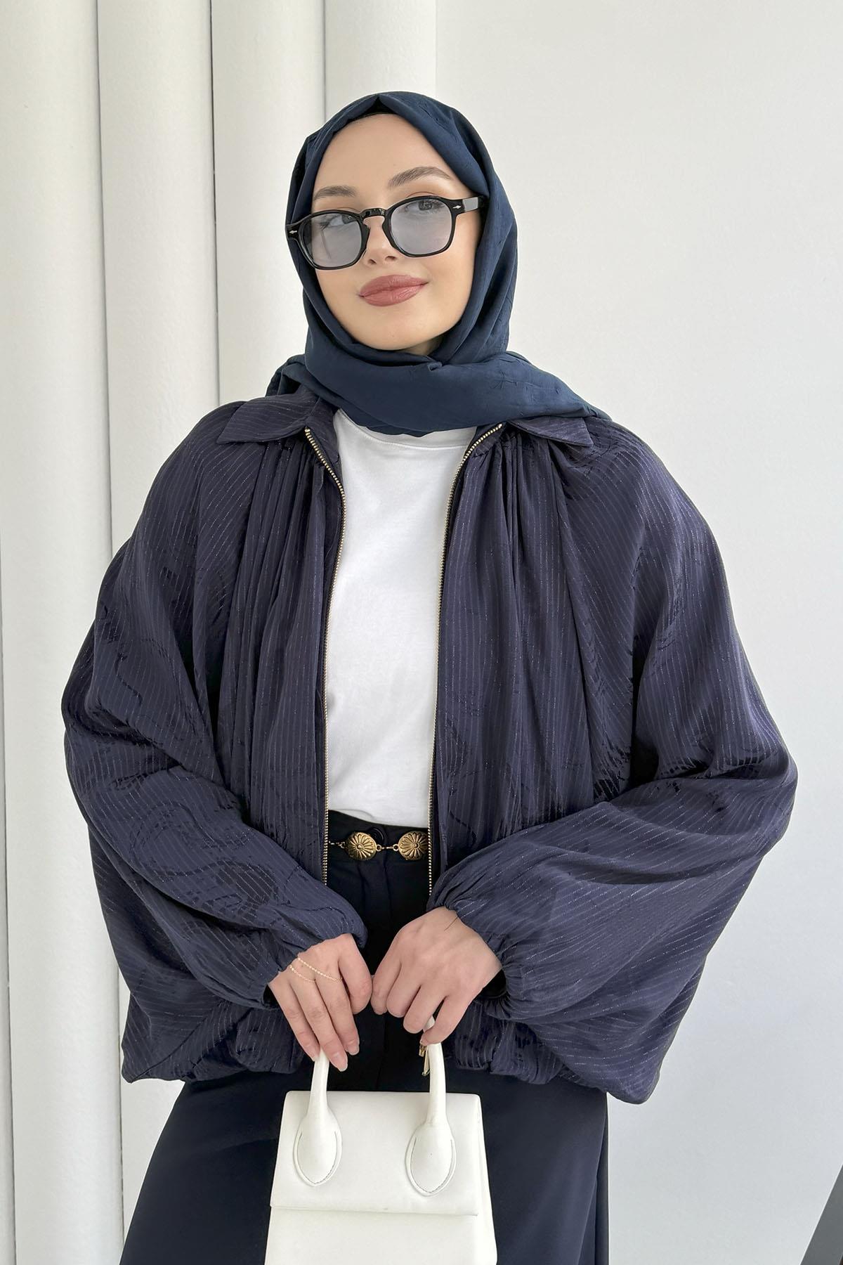 Yarasa Kol Simli Bomber Ceket-LACİVERT
