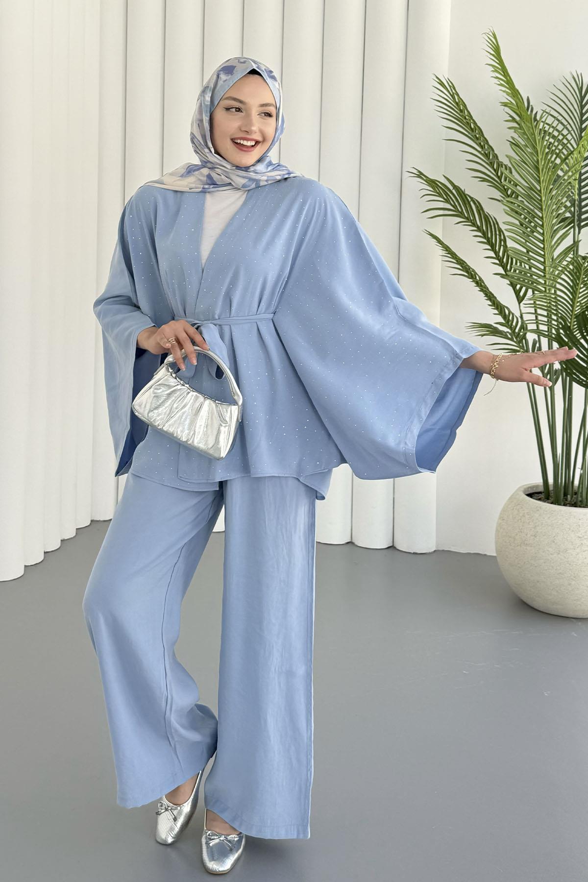 Yarasa Kol Taş Serpmeli Kimono Tesettür Takım-MAVİ
