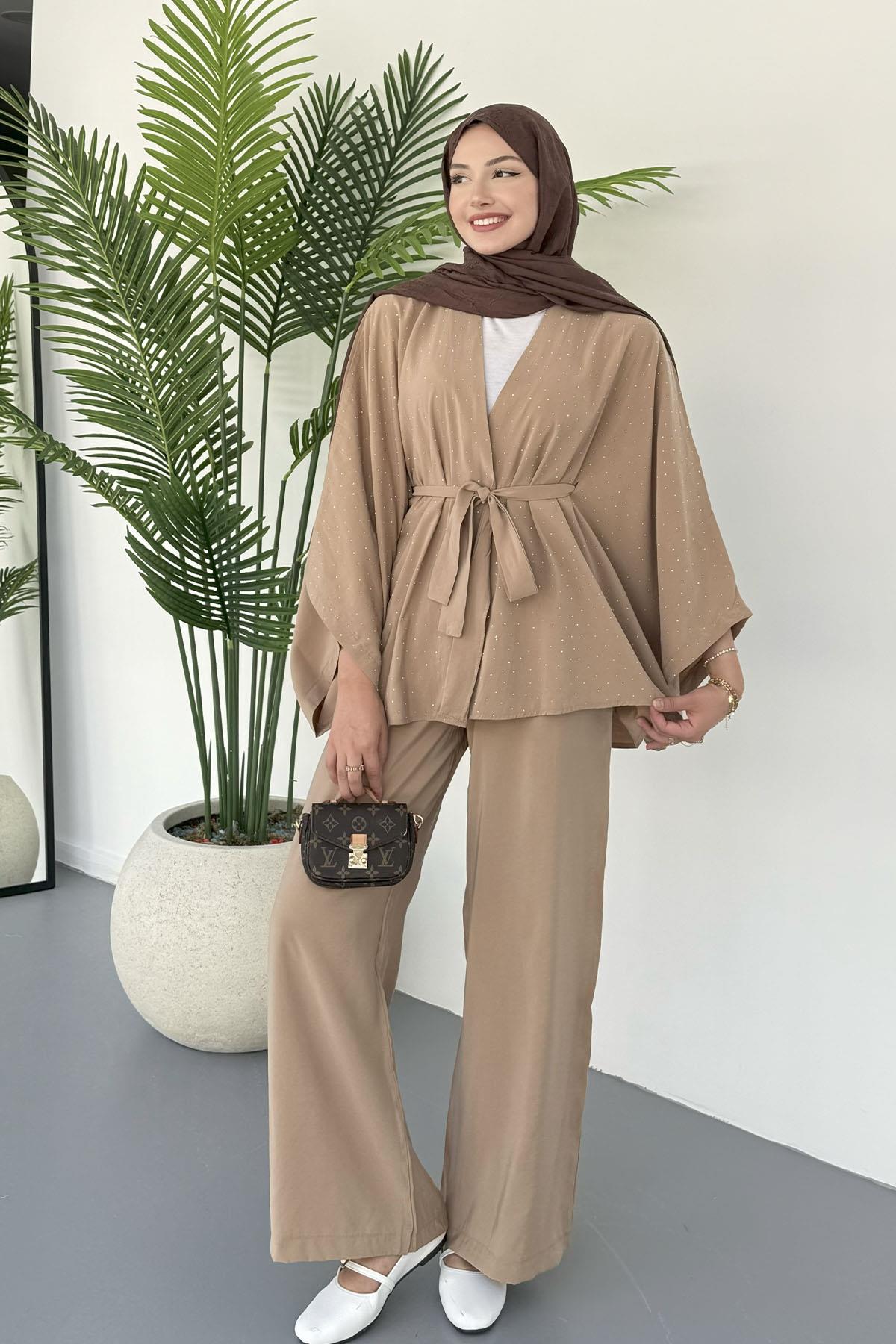 Yarasa Kol Taş Serpmeli Kimono Tesettür Takım-TOPRAK