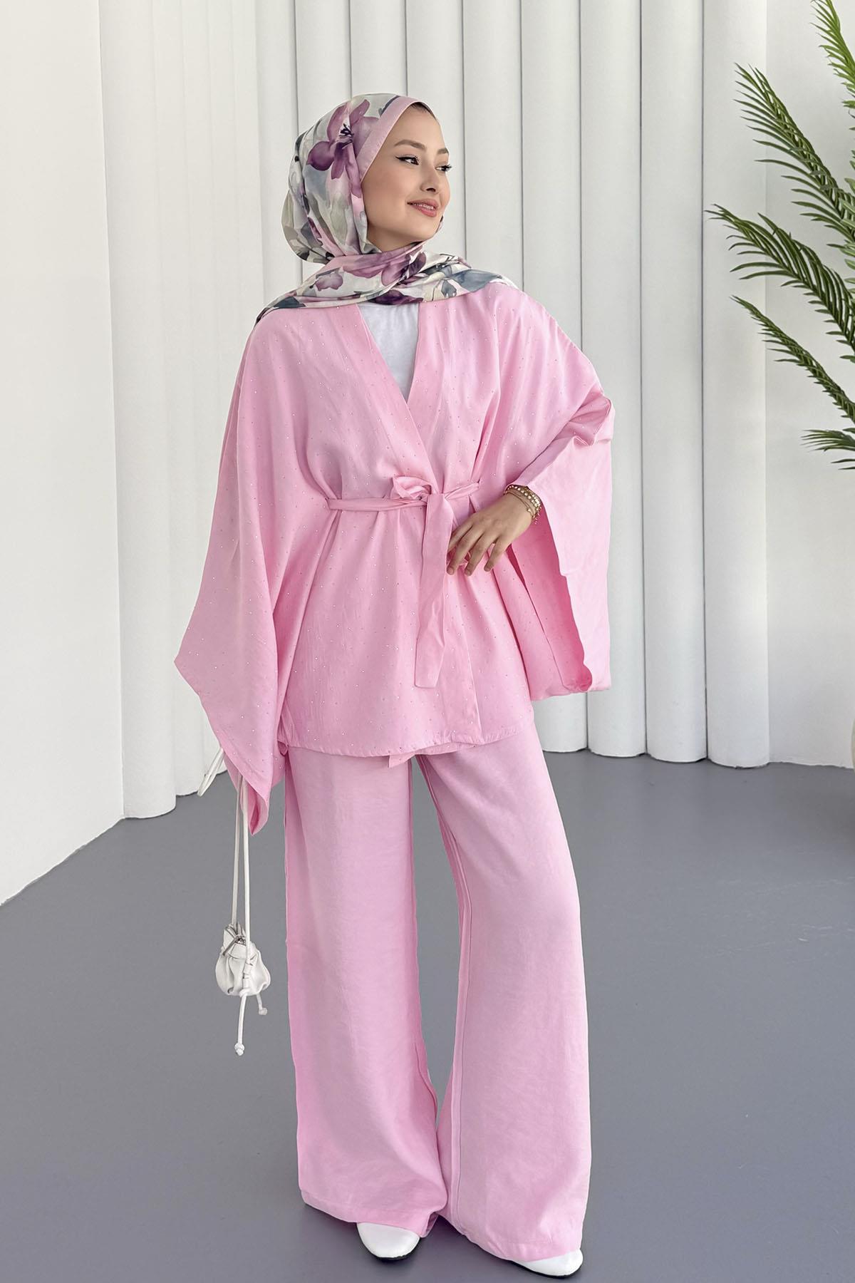 Yarasa Kol Taş Serpmeli Kimono Tesettür Takım-PEMBE
