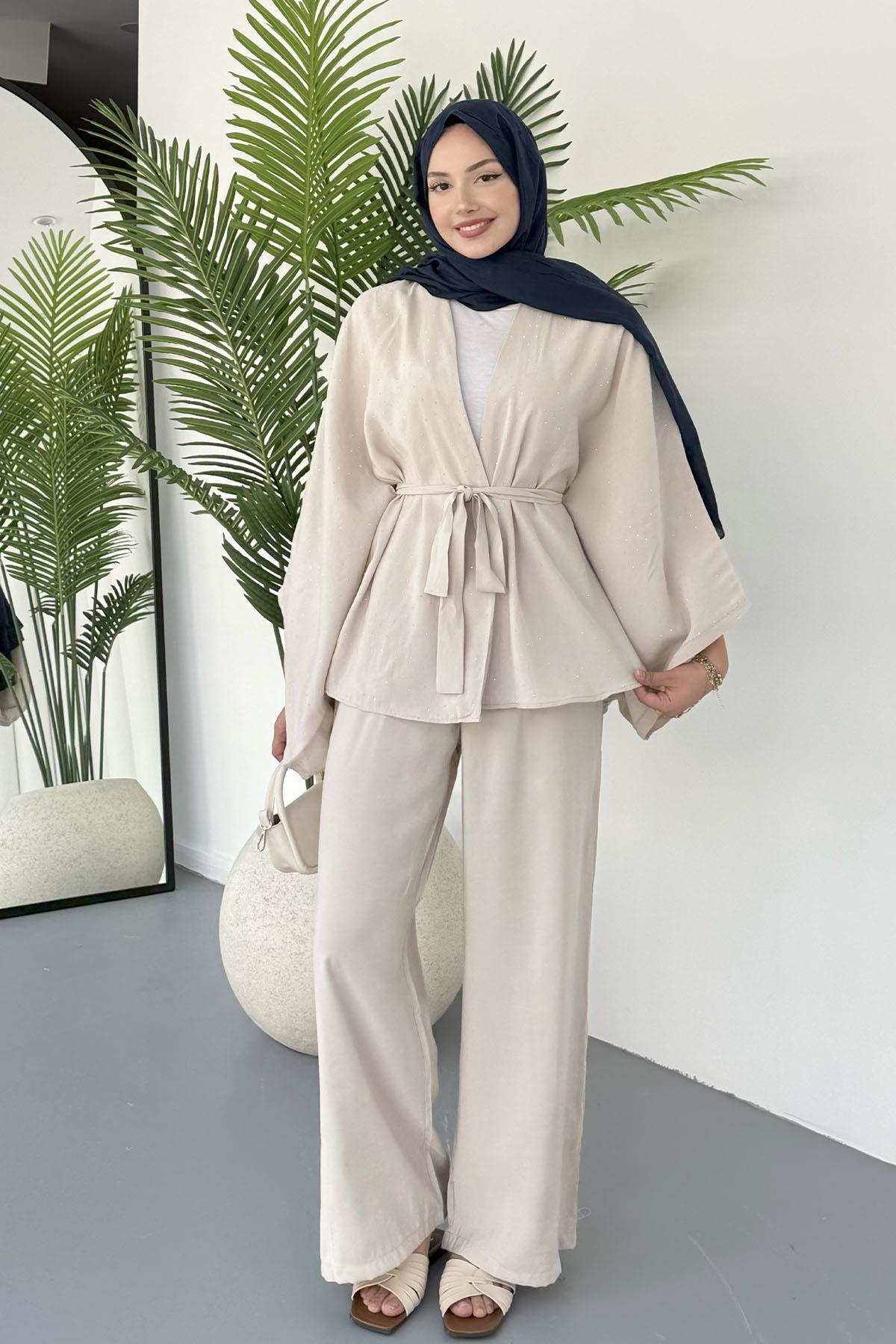 Yarasa Kol Taş Serpmeli Kimono Tesettür Takım-TAŞ