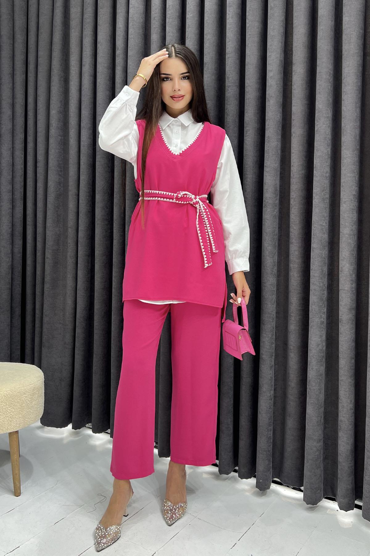 Yeleği Çoban Dikişli 3'lü Tesettür Takım-PEMBE