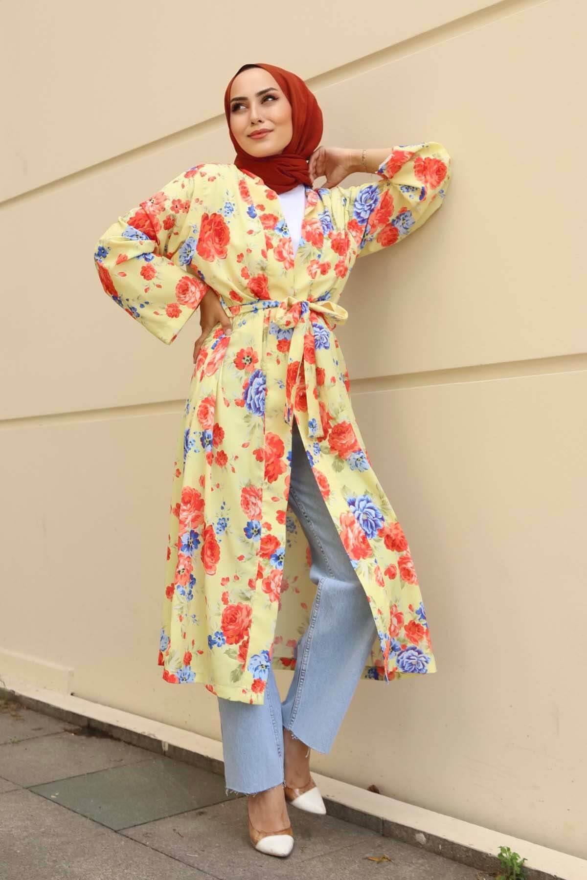 Çiçekli Renk Desenli Kimono-SARI - Moda Ensar