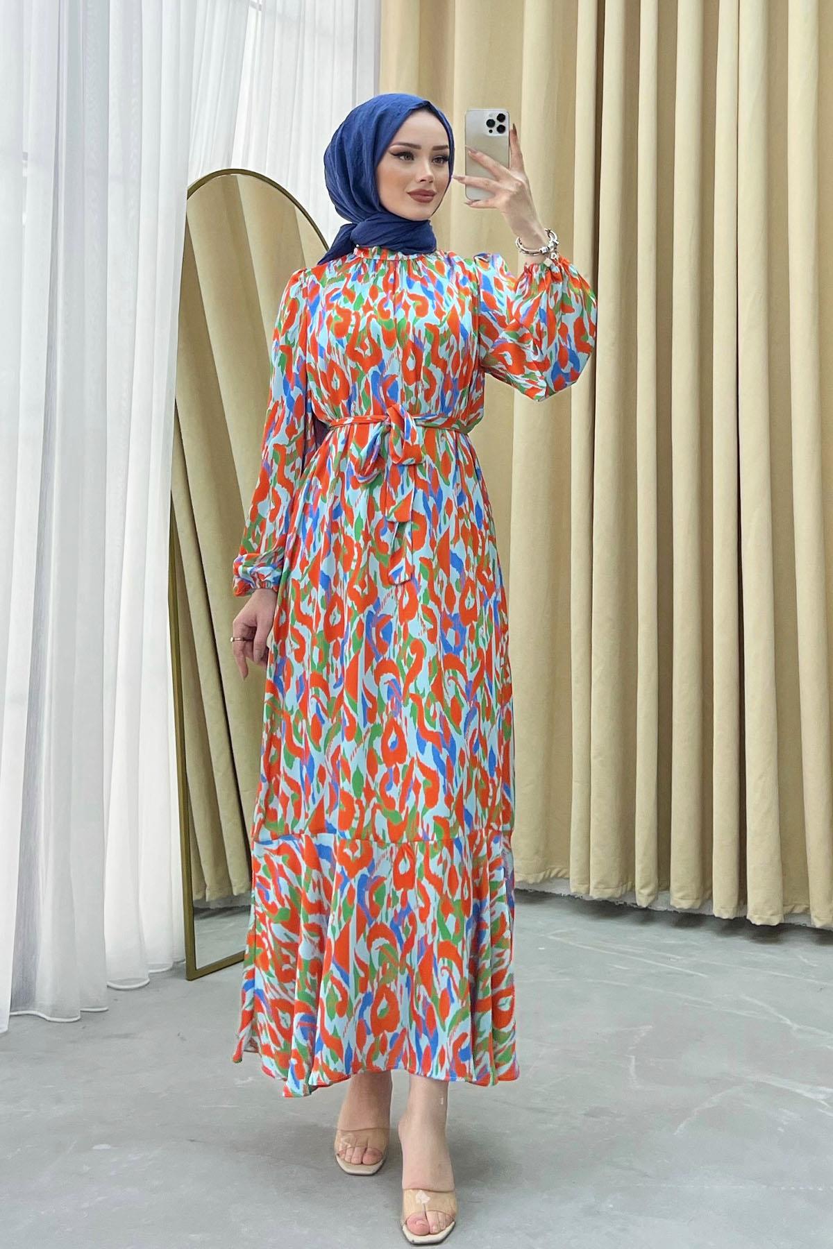 Etek Ucu Fırfırlı Desenlli Elbise-TURUNCU - Moda Ensar