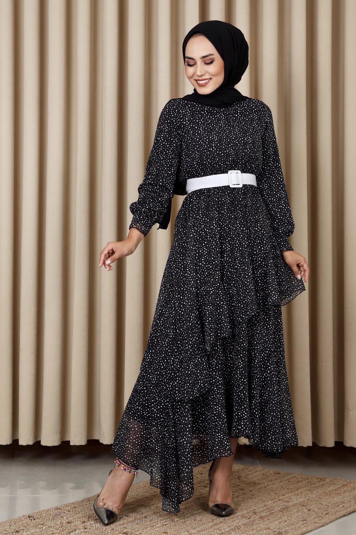 Kat Katlı Puantiyeli Elbise-SİYAH - Moda Ensar