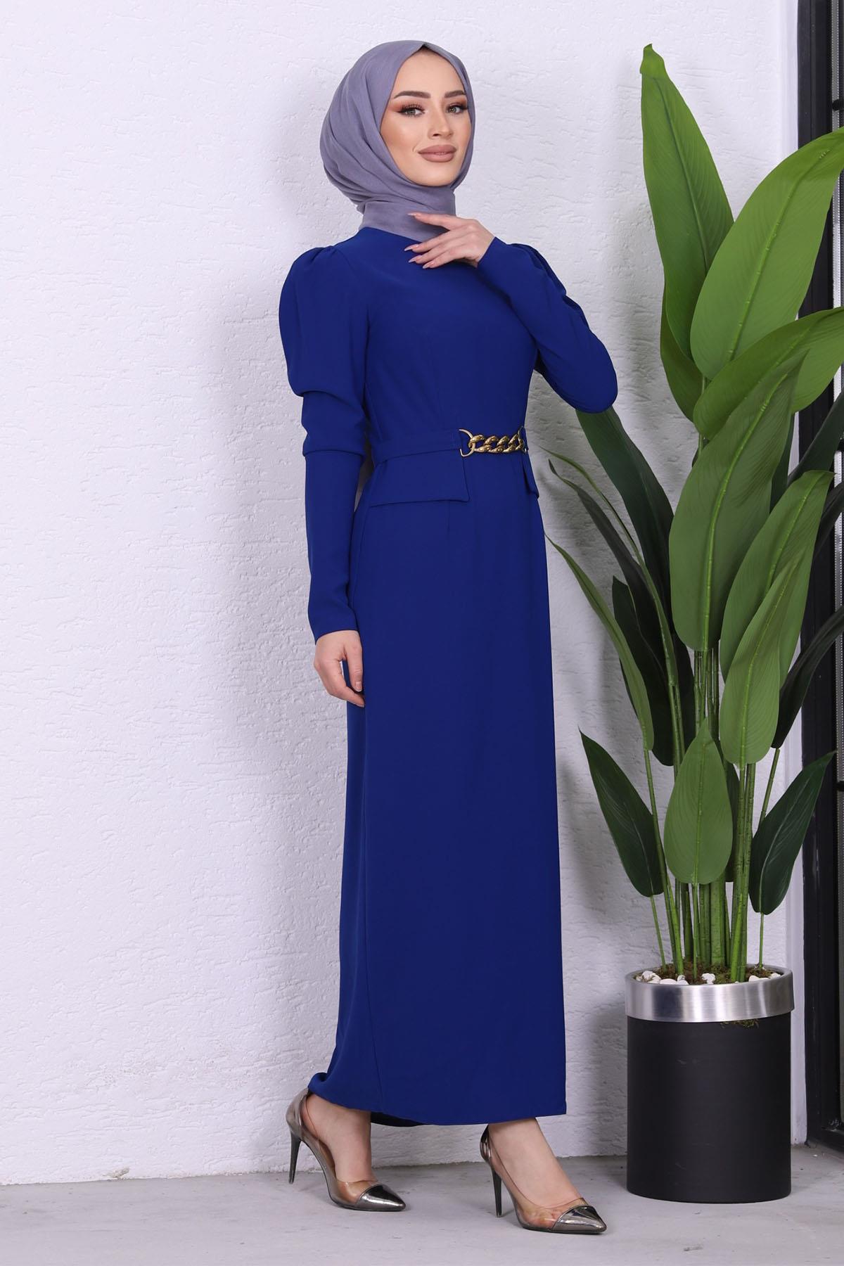 Önü Zincir Detaylı Kalem Elbise-SAKS MAVİ - Moda Ensar
