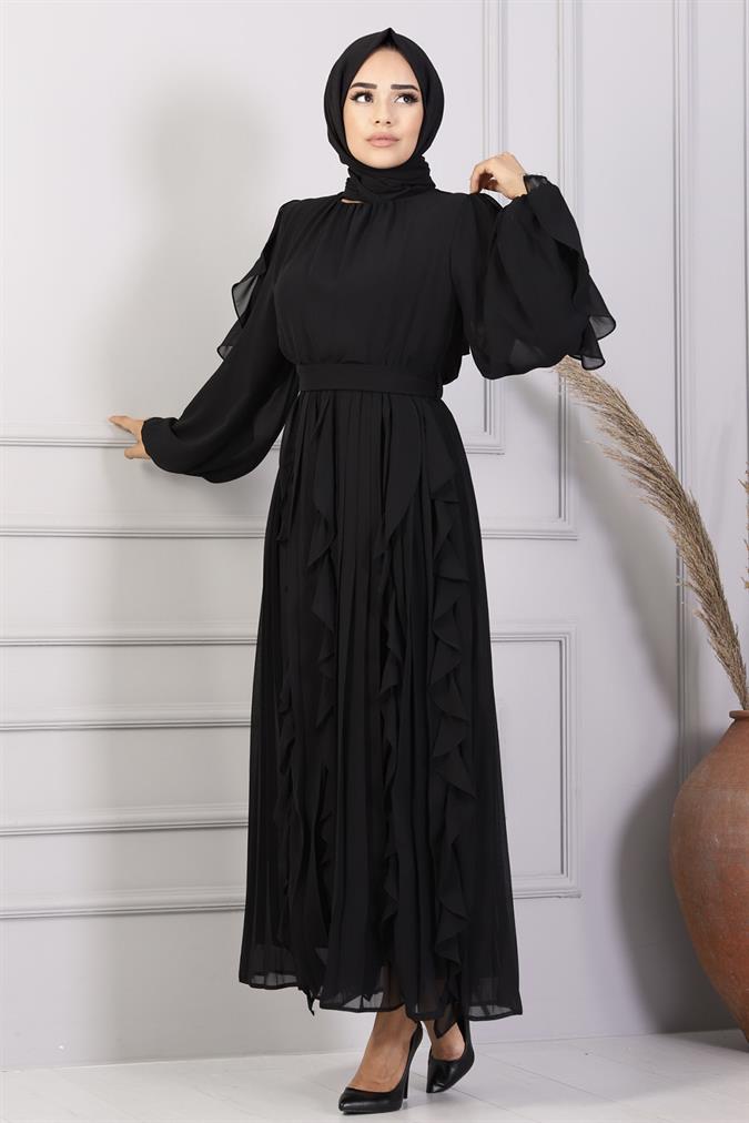 Piliseli Fırfırlı Şifon Elbise-SİYAH - Moda Ensar