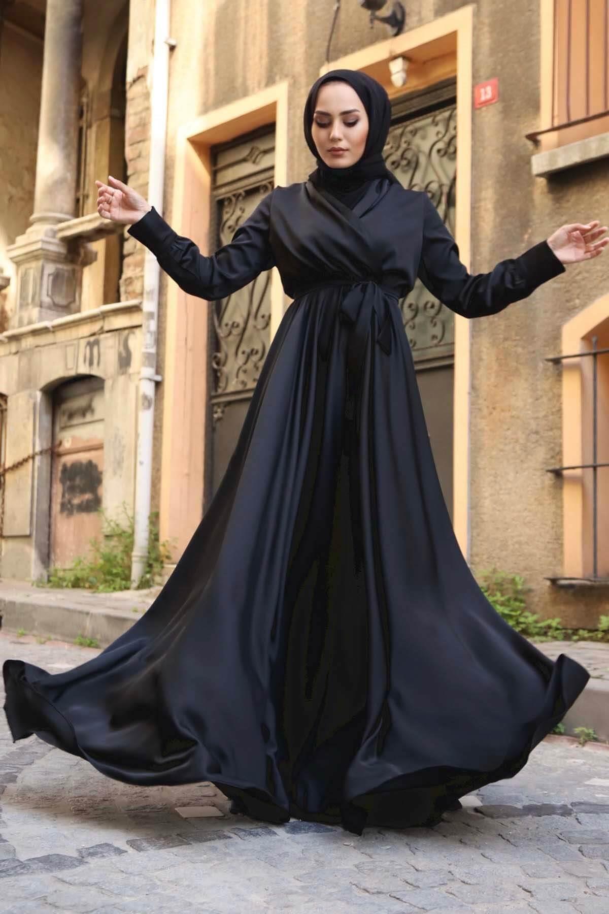Şal Yaka Mevlana Model Saten Elbise-SİYAH - Moda Ensar